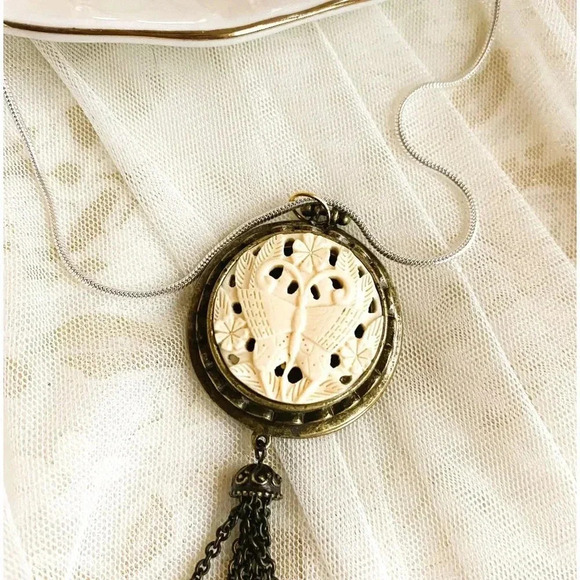 Antique Round Butterfly Brass Pendant Necklace with Sterling Silver chain 18" - Picture 1 of 7
